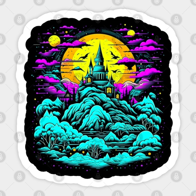 Haunted Castle On A Psychedelic Dreamscape Hill Sticker by vystudio